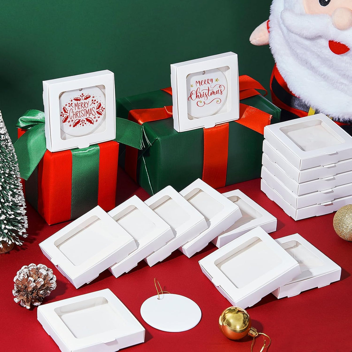 50 Pcs Sublimation Ornament Blanks Box 3.6"x3.6"x0.7" Christmas Ornaments Holder Ceramic Discs Packaging Box with Window for Personalized Xmas Tree Blanks Bulk (White)