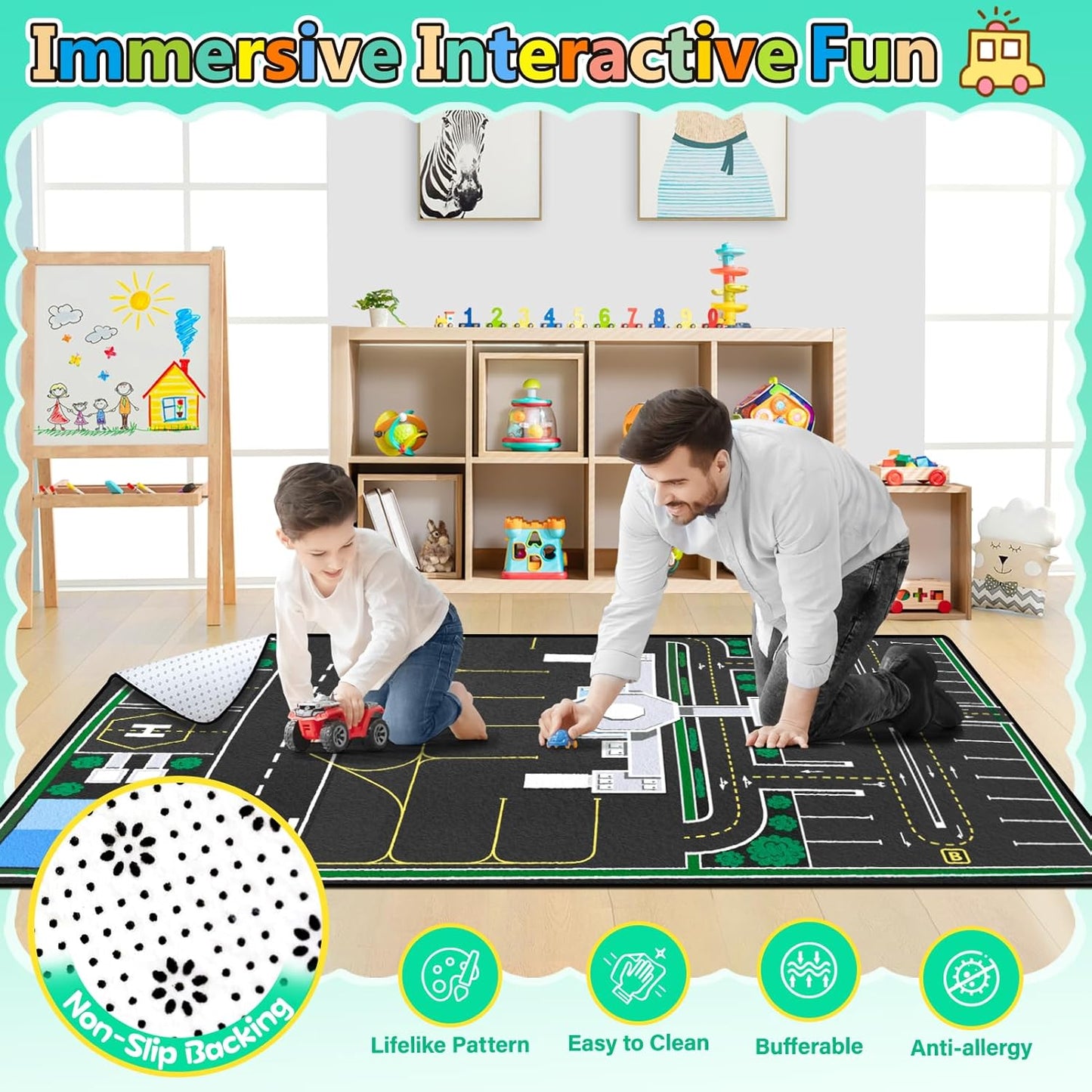 Kids Rug, Road Carpet for Kids with Combined City Road Traffic System, Car Rug and Airport Play Mat, 3x5 Ft Children’s Play Rugs for Playroom, Children’s City Traffic Map Fun Car Mat,Non-Slip