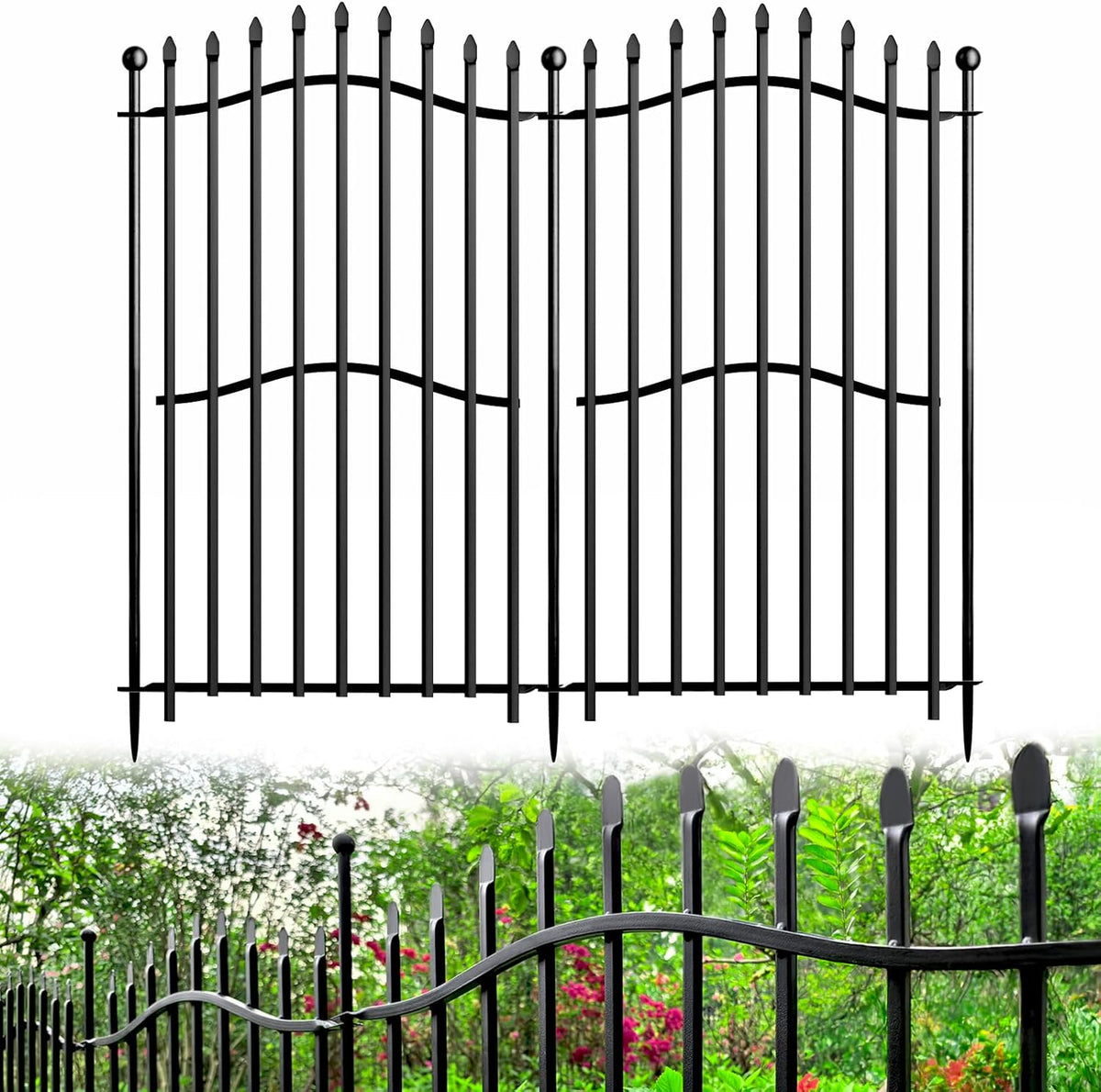 8 Panels Tall No Dig Garden Fence - 40in H x 18ft L, Reinforced Square Tube Rustproof Animal Barrier, Decorative Metal Fencing for Yard & Outdoor Dog Pet Play Areas