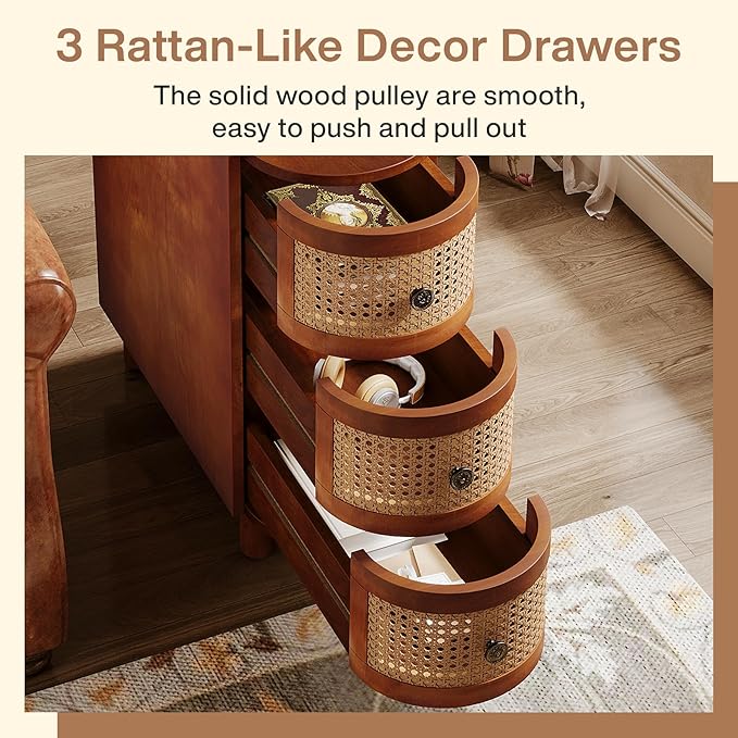 Tribesigns 3-Drawer Rattan End Table, Sofa Side Table with Vintage Embossed Handles, Slim Nightstand for Living Room, Bedroom, Finished Back, No Assembly (Walnut & Oak, 1 PC)