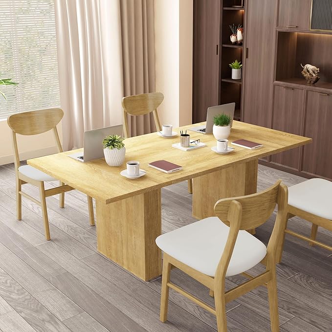 LEVNARY 78 Inch Long Executive Desk, Large Office Desk with Wood Strip Base, Modern Farmhouse Computer Desk Business Furniture for Home Office (Natural Oak)