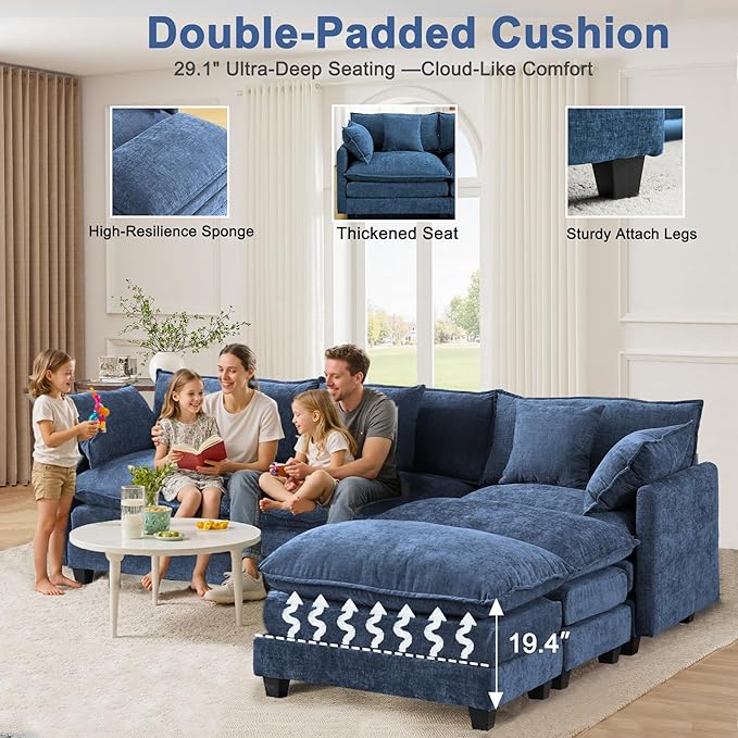 111.4" L-Shaped Cloud Chenille Sectional with Reversible Chaise, Flexible 3+1 Layout for Large Spaces, Deep Seat and Free Pillows Included