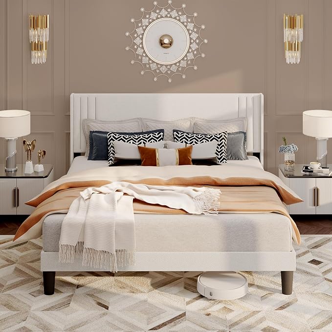 Gizoon Full Bed Frame with Wingback Headboard, Upholstered Platform Bed with Modern Geometric Headboard, Wooden Slats, Noise-Free, No Box Spring Needed