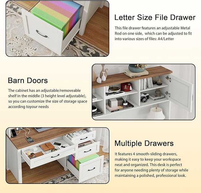 Farmhouse 67" H Executive Desk with Hutch,Office Desk with 4 Drawers and LED light, Wood Workstation for Home Office and Study, Computer Desk with Storage Cabinet & File Drawers and Charging Station