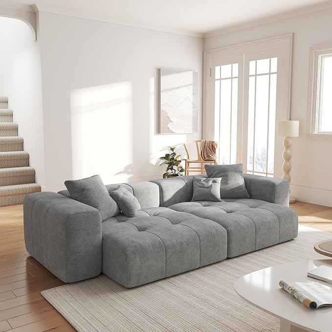 WJShome Modular Sectional Sofa,140inch Cloud Couch Deep Seat Sectional Couches for Living Room,Modern Linen Upholstered Loveseat Couch with Pillow for Home,Gray