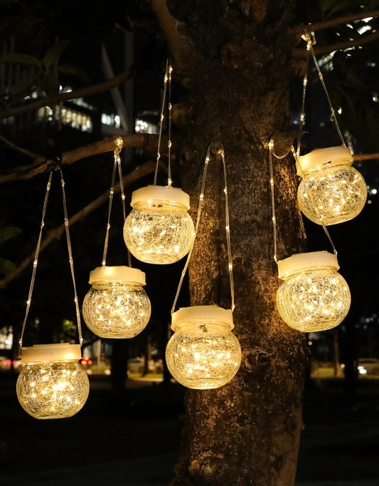 Solar Lantern Solar Lights Outdoor Waterproof 6-Pack, Solar Powered Hanging Lights Cracked Glass Hanging Globes for Christmas Decoration, Shepherd Hook, Garden Tree Ornaments, White Cap, Warm White