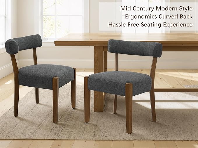 Modern Dining Chairs Set of 2, Walnut Upholstered Kitchen & Dining Room Chairs, Mid Century Wooden Dining Chairs Oversized Sturdy Fabric Rounded Chairs Curved Back, Dark Grey