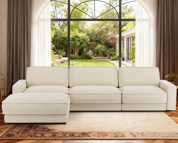 Sunny Heart 120" L-Shaped Modular Sectional Sofa, Oversized Cloud Couch with Movable Ottoman, 4-Seat Chenille Deep Seat Sofa with Pillow, Sectional Couches for Living Room, Apartment, Beige
