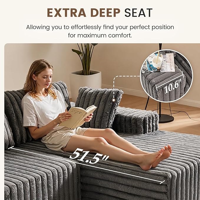 Apicizon 113" Modular Sectional Couch for Living Room, L Shaped Sectional Sofa Couch with Deep Seat, 3 Seat Boneless Sofa with Chaise Longue for Apartment，No Assembly Required (Plush Corduroy Gray)