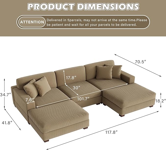 Modular Sectional Couches for Living Room, 118" Modern Upholstered Sofa Couche with Ottoman for Living Room Bedroom, Camel