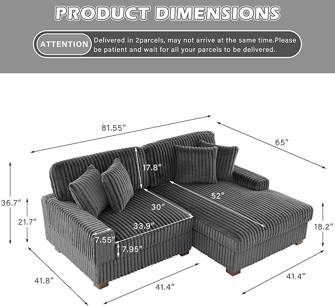 Cloud Sectional Couch with L-Shape Chaise, Modern Modular Sofa with Deep Seat, Upholstered Couches for Living Room Bedroom, Grey