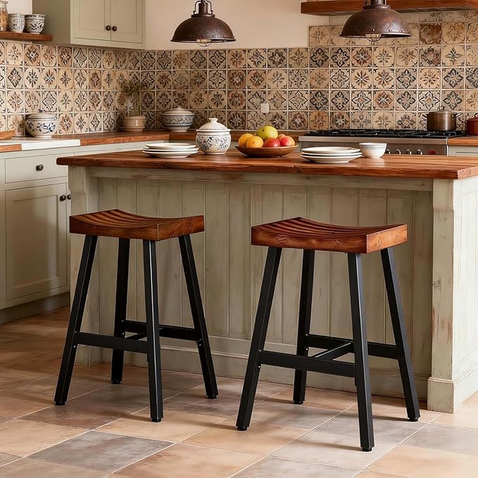 OUllUO Bar Stools Set of 3, Backless Saddle Barstools, 25" Counter Height Bar Stools, Solid Wood Counter Stools with Metal Frame, 521P-BBWD3