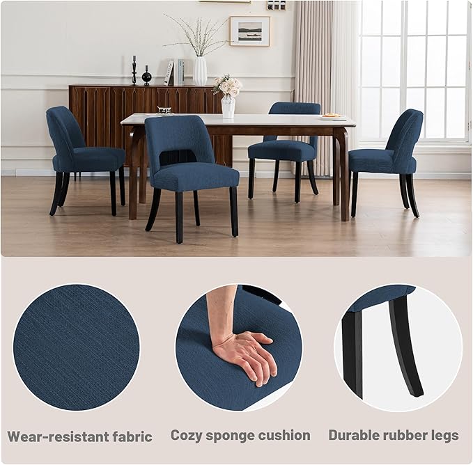 VKNOW Wooden Dining Chairs Set of 2, Modern Fabric Upholstered Dining Room Chair Kitchen Chairs, Farmhouse Dinner Chair for Kitchen Dining Room, Blue-Black Legs