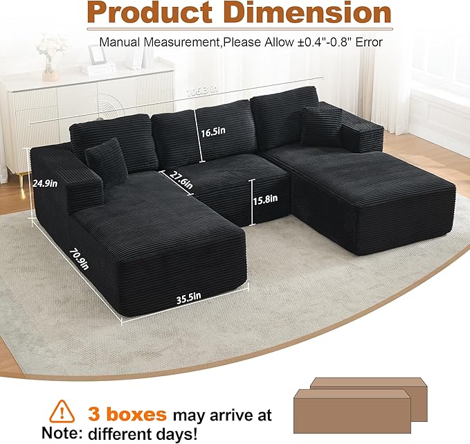 Modular Sectional Cloud Couch for Living Room,Modern Boneless Couche Set with Plush Corduroy,Comfy Floor Sofa with Memory Foam,Stupendous U Shaped Sofa,No Assembly Required,Black