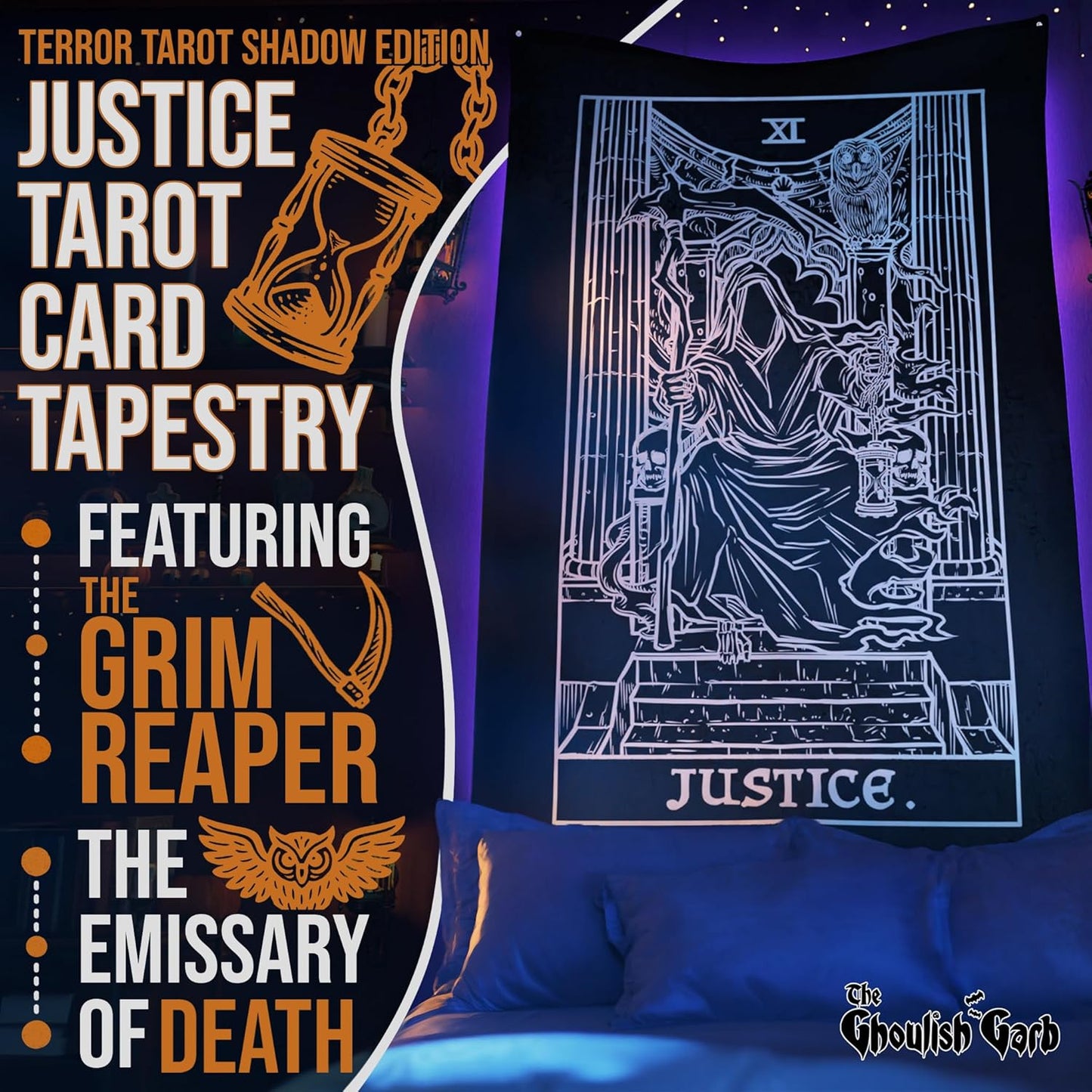 The Ghoulish Garb Justice Tarot Card Tapestry (Black & White) - Grim Reaper - Gothic Halloween Home Decor Wall Hanging (60" x 50")