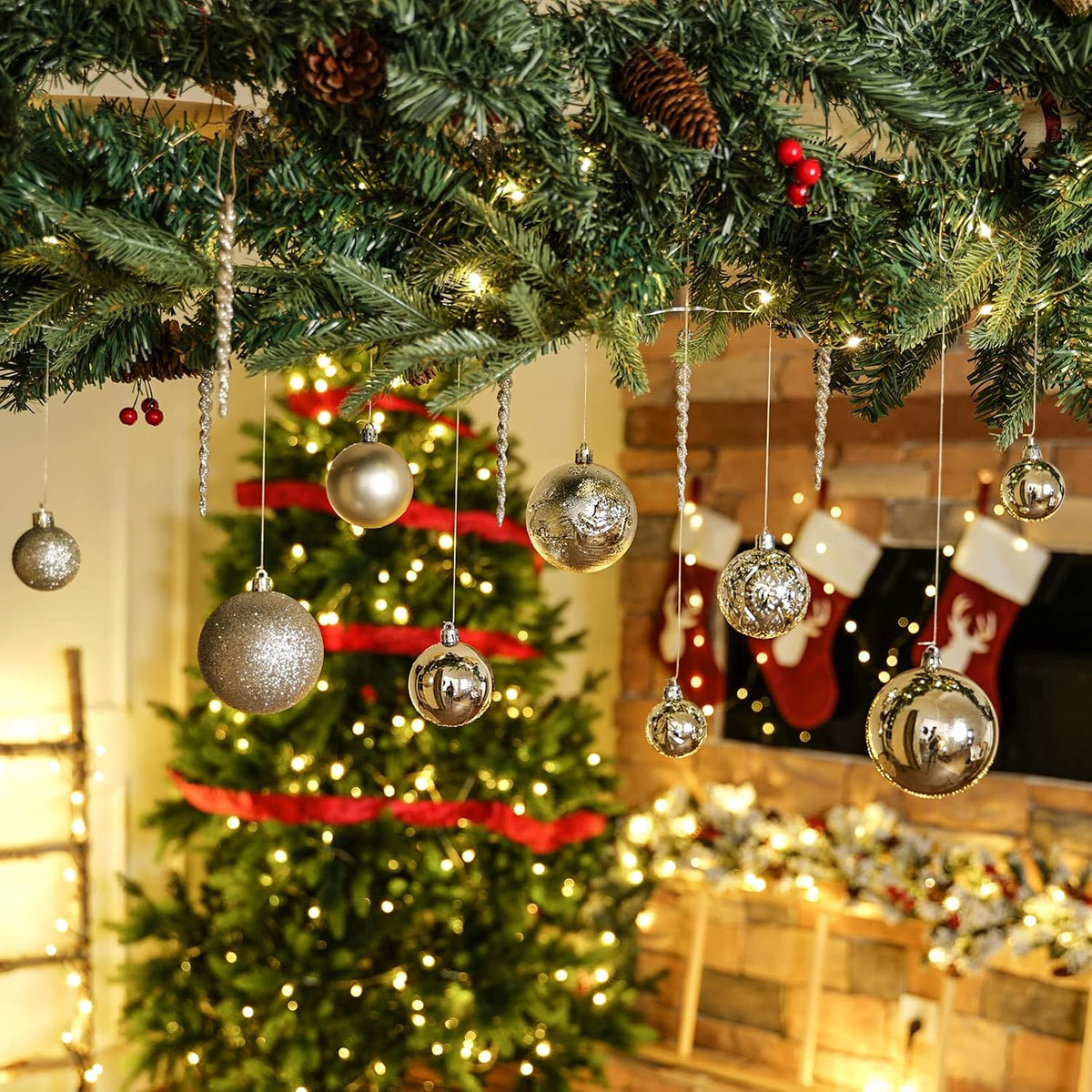 Christmas Ball Ornaments for Christmas Decorations - 41 Pieces Xmas Tree Champagne Gold Shatterproof Ball Ornaments with Hanging Loop for Holiday and Party Decoration
