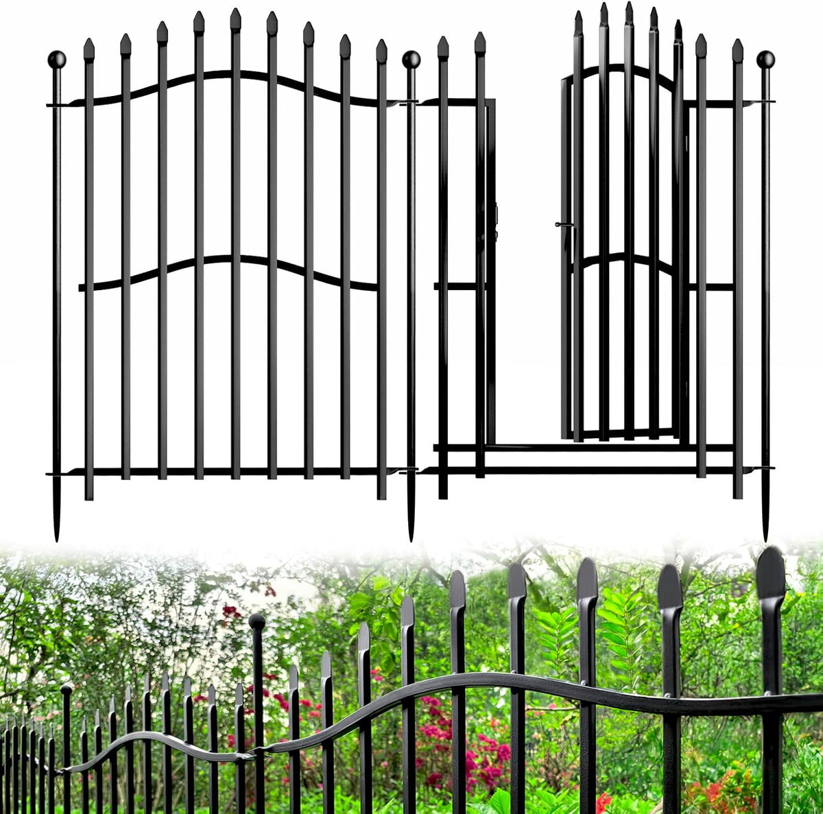 No Dig Garden Fence with Gate - 5 Panels 32in H x 11.25ft L, Sturdy Square Tube Rustproof Tall Animal Barrier for Dogs, Decorative Outdoor Fencing for Yard Gardens & Patios