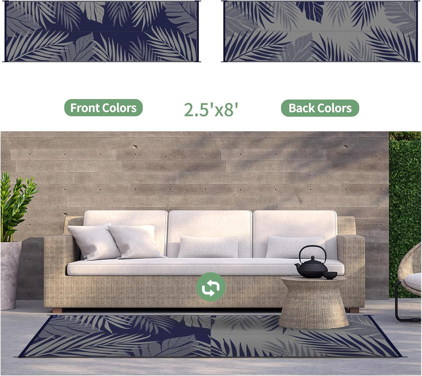GENIMO Outdoor Rug 2.5' x 8' Waterproof for Patios Clearance, Reversible Outdoor Plastic Straw Camping Rug Carpet, Large Area Rugs Mats for RV, Camper, Deck, Balcony, Porch, Beach, Picnic, Blue&Grey