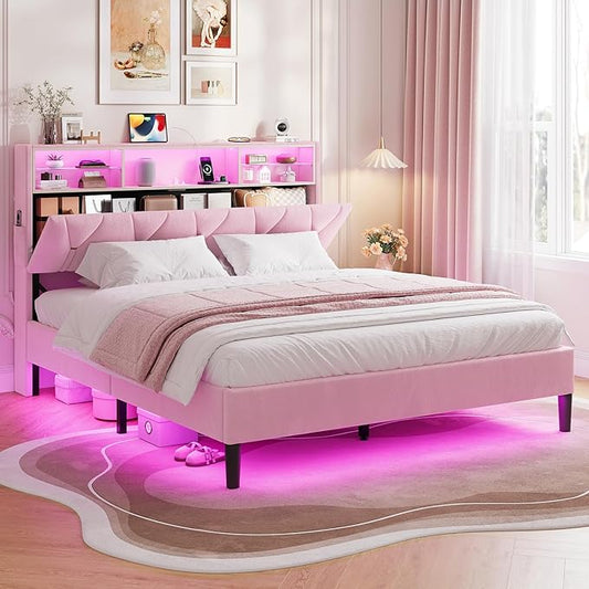 Full Size Bed Frames with Storage Headboard,Power Outlet, Modern Velvet Upholstered Platform Bed LED Bed Frame with 5 Storage Shelves, No Box Spring Needed, Pink