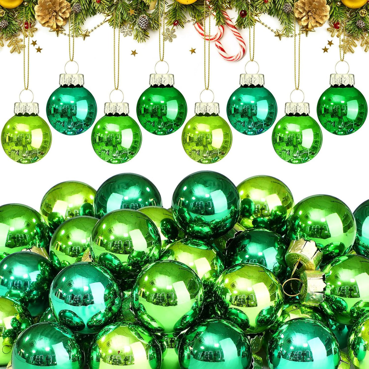 Tioncy 32 Pcs 1 Inch Mini Glass Christmas Ornaments Balls Shiny Christmas Balls Tiny Tree Hanging Decoration Small Colorful Ball Pendant for Xmas Party Supplies(Green Series)