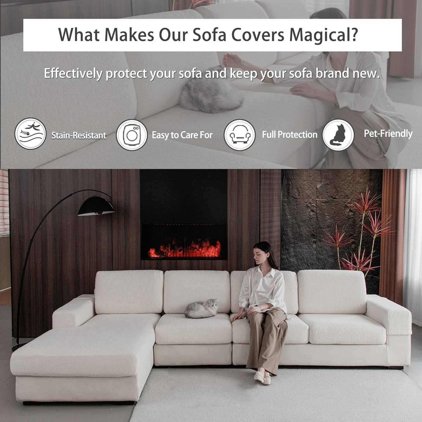 Couch Cushion Covers for Sectional Sofa, Stretch Soft Sofa Slipcovers Washable Wear-Resistant Universal Furniture Protector for Living Room(2 Seaters Covers+1 Chaise Cover, Ivory)