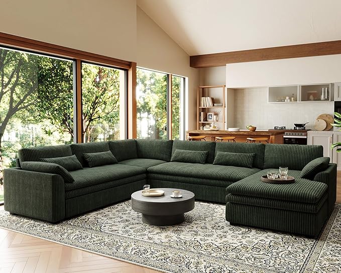 Belffin Large Modular Sectional Sofa with Deep Chaise, Corduroy U Shaped Couch with 9" Soft Dual-Layer 7 Seats Cushion for Living Room, Apartment, Green