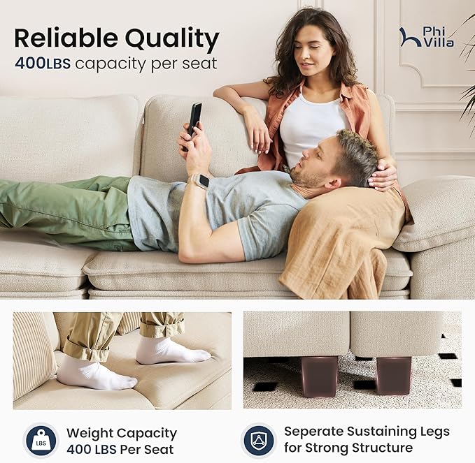 PHI VILLA Modern Modular Couches Sets, 123.6" Cloud Sectional Sofa with Upholstered Deep Seat, 3-Seater Couch for Living Room Small Spaces, Chenille Fabric, Beige