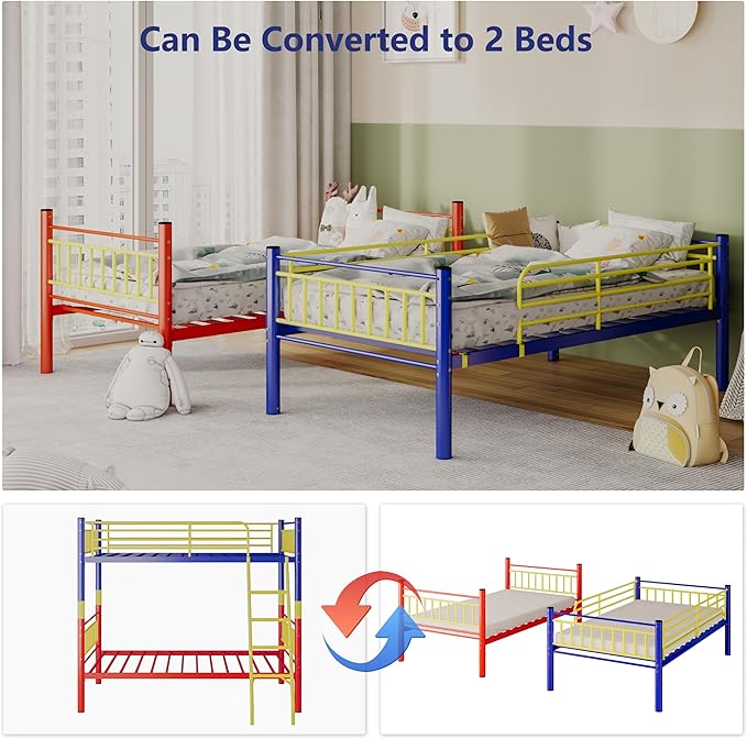 Metal Bunk Bed Twin Over Twin，Loft Bed with Removable Ladder and Full-Length Guardrail，Twin Bunk Beds Frame Heavy Duty Metal Slat Support for Adults, Kids and Young Teens