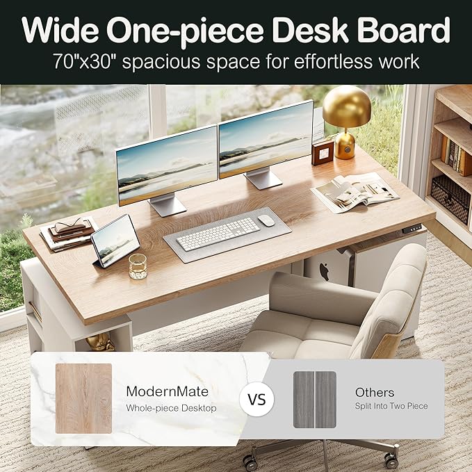 71" Standing Desk with 2 File Cabinet, AC/USB, 1.18" Desktop, L Shaped Height Adjustable Desk, Electric Furniture Set with Multiple Functions for Home and Office, Light Walnut