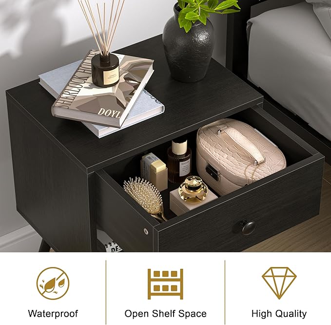 VECELO Nightstands Set of 2, Mid Century Modern End Bedside Table, Night Stand with Storage Drawer and 2 Tiers Open Shelf for Small Place, Bedroom, Living Room, Easy Assembly, Black
