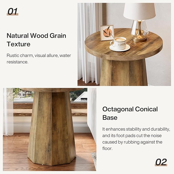Tribesigns Farmhouse Round End Table, Wooden Couch Side Table with Octagonal Base, Rustic Brown Nightstand Pedestal Accent Furniture for Living Room, Bedroom (2)