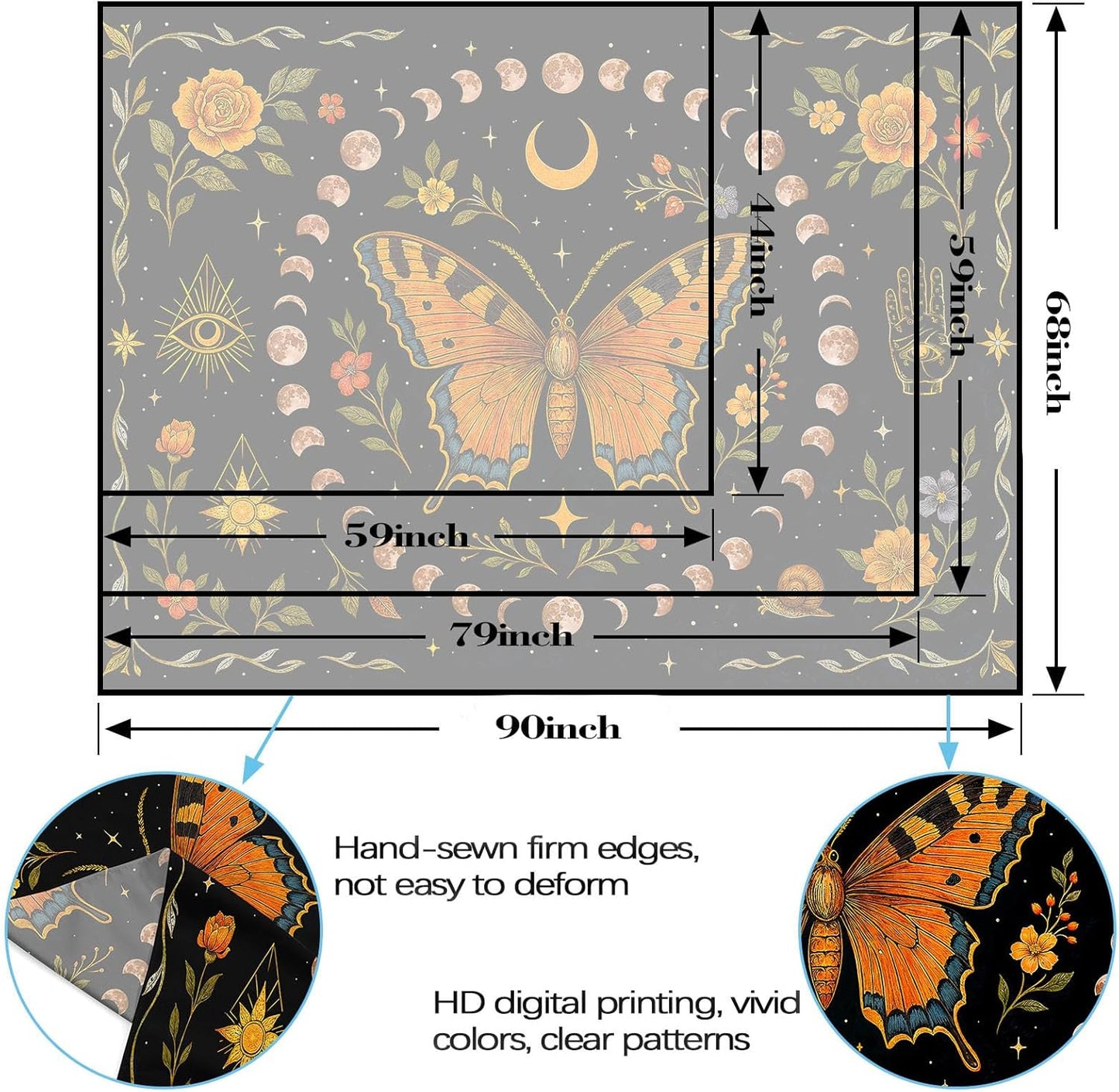 Lunerfex Moon Phase Butterfly Floral Wall Tapestry, Celestial Botanical Tapestries for Room Decor, Mystical Tapestry 80x60 Inch