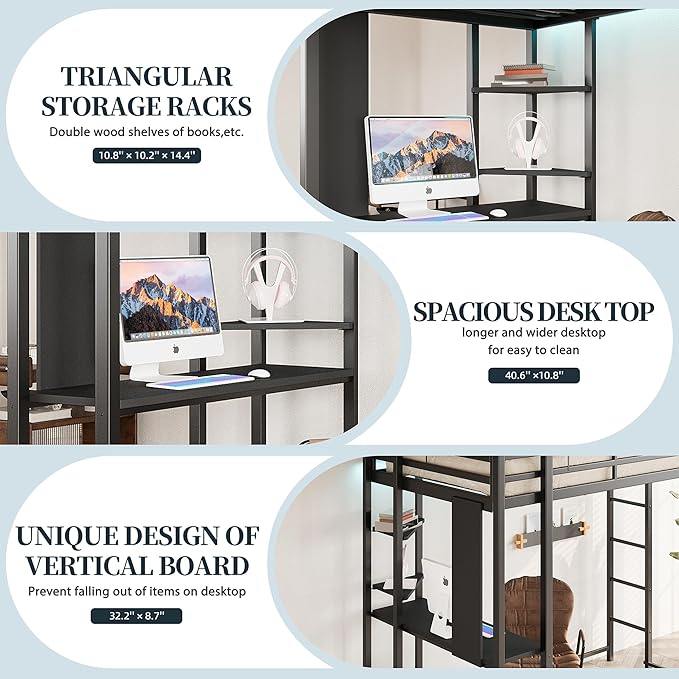 SUNLEI Metal Loft Bed Frame with Desk, Full Size Loft Bed with 2 Built-in Ladders & Safety Guard, Noise Free for Small Bedroom, Classic Black