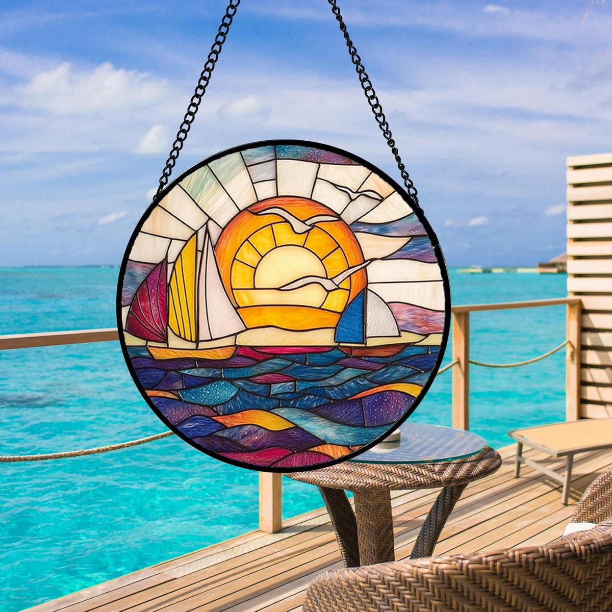 Stained Glass Window Hanging, Sailboat and Waves Suncatcher Diamond Glass Panel Hangings Sun Catchers Decor for Birthday for Women, Men, Wife, Aunt, and Mom 14.9x14.9 in