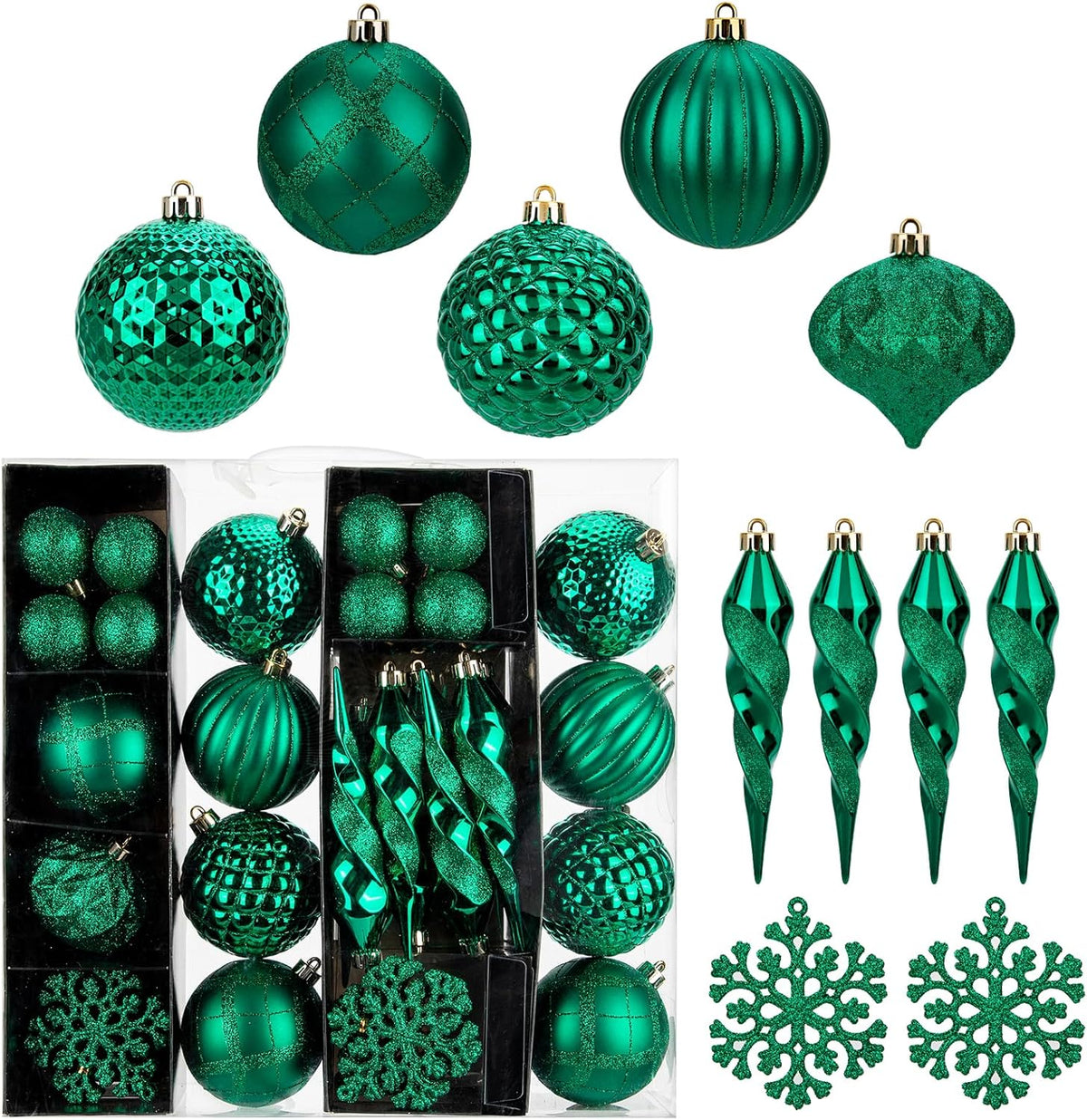 50PCS Christmas Tree Ornaments Set with Shatterproof Balls Icicle Snowflake Hanging Ornaments for Home Office Farmhouse Christmas Decorations, Dark Green