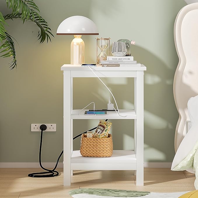 VECELO Modern Nightstands with Charging Station,Side End Table Night Stand with Storage Shelf for Small Spaces, Bedroom,Living Room