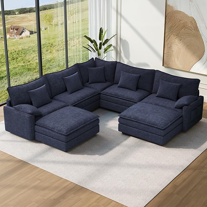 Vesgantti 108" V-Shaped Corner Couch Sectional, 7 Seat Customizable Modular Cloud Couches with Movable Ottoman, Chenille Deep Seat Sofa Set with Chaise for Living Room, Bedroom and Apartment, Blue