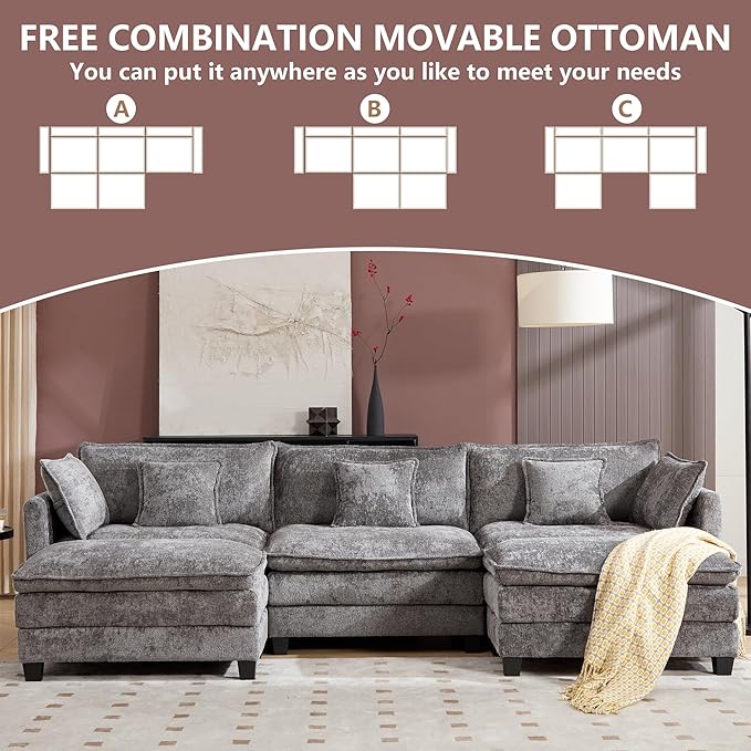 Plush Modular Cloud Sofa Set with Ottoman | L/U-Shaped Deep Seating Chenille Sectional for Family Living Room