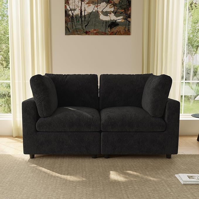 WJShome Sectional Couches for Living Room, 67 Inch Loveseat Sofa with Chenille Upholstery & Double Layer Cushions, Modern Apartment Size Modular Couch for Bedroom，Black