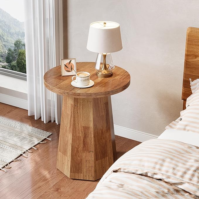Tribesigns Farmhouse Round End Table, Wooden Couch Side Table with Octagonal Base, Rustic Brown Nightstand Pedestal Accent Furniture for Living Room, Bedroom (1, Walnut)