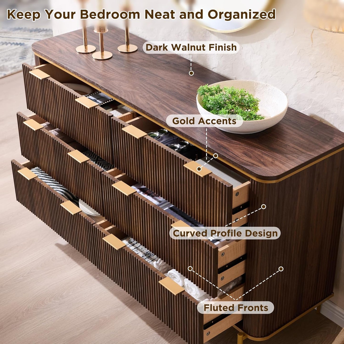 T4TREAM Fluted 6 Drawers Dresser for Bedroom, 54" Wide Modern Dresser TV Stand, Gold Accents, Fluted Fronts, Wood Storage Dressers Organizer for Bedroom, Living Room, (Dark Walnut)