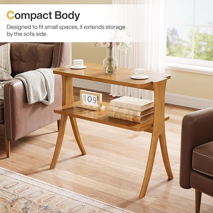 Tribesigns Narrow Side Table for Living Room, Farmhouse End Table with 2-Tier Storage Shelf and Solid Wood Legs, Slim Tall Bedside Table Nightstand for Bedroom, Small Spaces, Entryway, Brown(1)