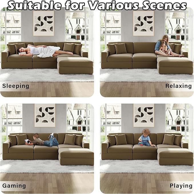 Modular Sectional Couches for Living Room, 118" Modern Upholstered Sofa Couche with Ottoman for Living Room Bedroom, Camel
