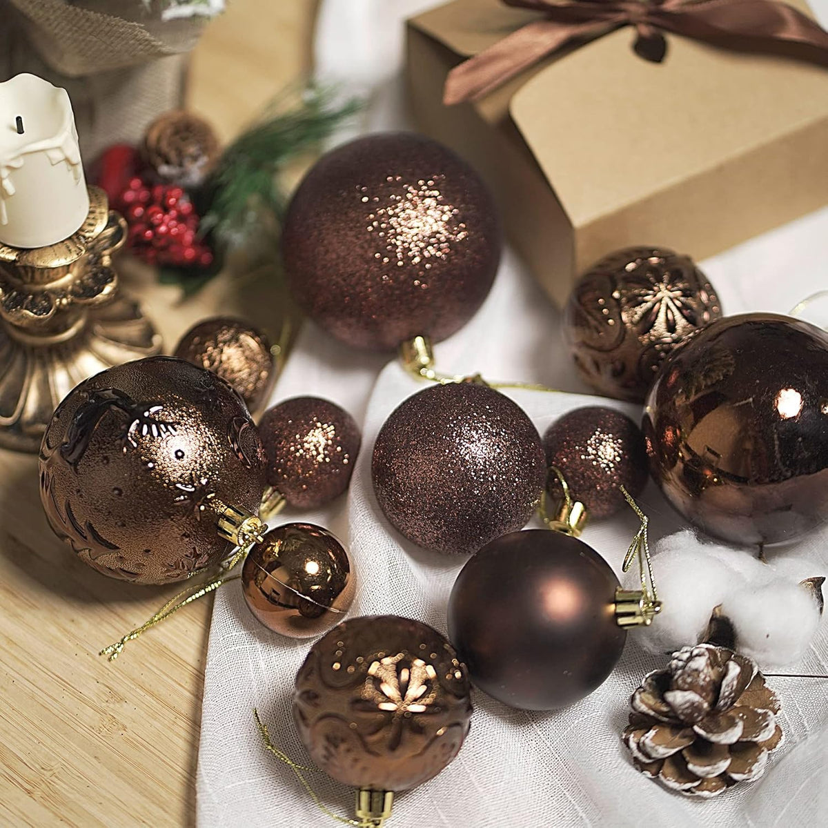 Senjie Brown Shatterproof Christmas Ornaments, 32 Pcs Spherical Balls for Xmas Trees