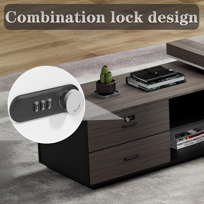 Modern Large Desk, Modern L-shaped Desk With Side Cabinets, Executive Desk With Combination Lock Drawer, Business Furniture Desk With Simple Cable Management (chair Not Included)(63x29.5x118inch)