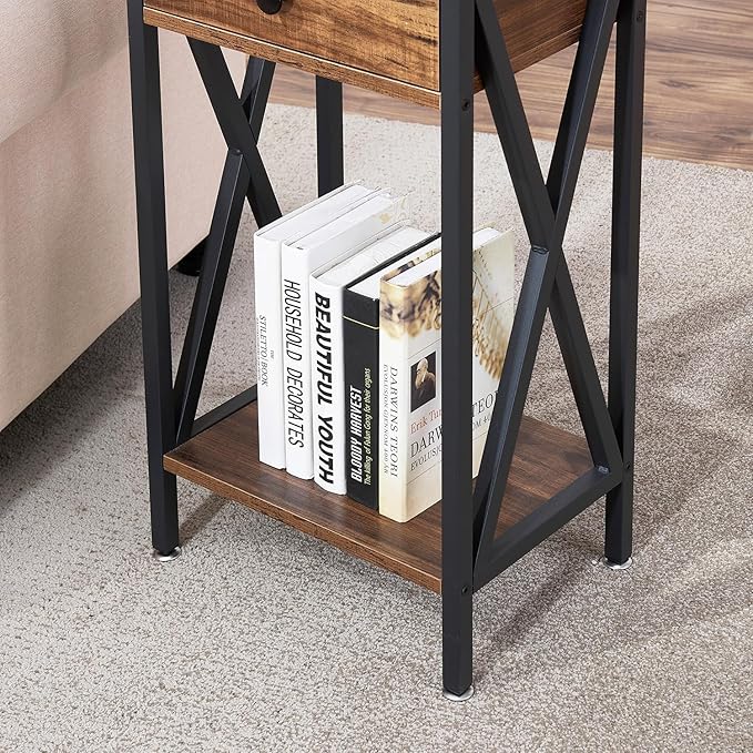 VECELO Tall Nightstand Set of 2,27.6 inch Wooden End Table with Metal X-Frame,Side Table with Drawer and Storage Shelf for Living Room Bedroom Entryway Small Spaces