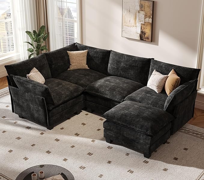 KKL Modular Sectional Sofa, J-Shaped 5 Seater Convertible L-Shaped Cloud Couch with Ottoman, Chenille Modern Sectional Couches for Living Room, Apartment Black