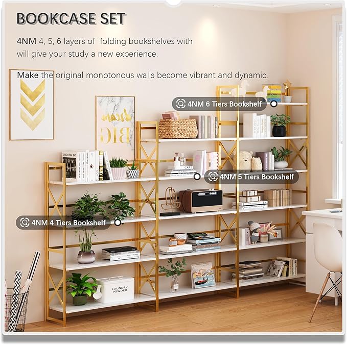 4NM Extra Wide 5 Tiers No Assembly Book Shelves, 51.2" H Folding Bookshelf Bookcase Open Industrial Foldable Shelves for Bedroom, Living Room, Home Office - White Gold