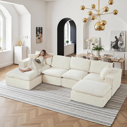 108" Sectional Couches for Living Room Boneless Couch Upholstered Cloud Couch Sectional Modular Sectional Sofa with L Shaped (Chenille-White, 4 Seat+2 Ottoman)