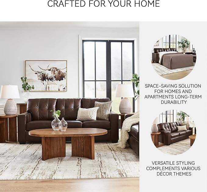 Signature Design by Ashley Santorine Classic Leather Match Tufted Sofa Sleeper with Bi-Fold Memory Foam Mattress, Queen, Dark Brown